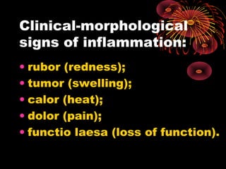 Clinical-morphological 
signs of inflammation: 
• rubor (redness); 
• tumor (swelling); 
• calor (heat); 
• dolor (pain); 
• functio laesa (loss of function). 
 