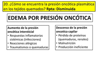 20. ¿Cómo se encuentra la presión oncótica plasmática
en los tejidos quemados? Rpta: Disminuida
Aumento de la presión
oncótica intersticial
• Respuestas inflamatorias
sistémicas (infecciones)
• Reacciones alérgicas
• Traumatismos o quemaduras
Descenso de la presión
oncotica capilar
• Pérdida de proteínas
(quemaduras, renales)
• Malnutrición
• Producción ineficiente
EDEMA POR PRESIÓN ONCÓTICA
 