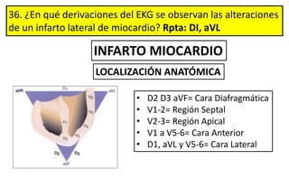 36. ¿En qué derivaciones del EKG se observan las alteraciones
de un infarto lateral de miocardio? Rpta: DI, aVL
LOCALIZACIÓN ANATÓMICA
• D2 D3 aVF= Cara Diafragmática
• V1-2= Región Septal
• V2-3= Región Apical
• V1 a V5-6= Cara Anterior
• D1, aVL y V5-6= Cara Lateral
INFARTO MIOCARDIO
 