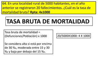 64. En una localidad rural de 5000 habitantes, en el año
anterior se registraron 20 fallecimientos. ¿Cuál es la tasa de
mortalidad bruta? Rpta: 4x1000
Tasa bruta de mortalidad =
(Defunciones/Población) x 1000
Se considera alta si está por encima
de 30 ‰, moderada entre 15 y 30
‰ y baja por debajo del 15 ‰.
TASA BRUTA DE MORTALIDAD
20/5000X1000: 4 X 1000
 