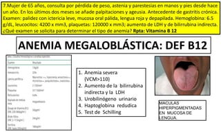 7.Mujer de 65 años, consulta por pérdida de peso, astenia y parestesias en manos y pies desde hace
un año. En los últimos dos meses se añade palpitaciones y ageusia. Antecedente de gastritis crónica.
Examen: palidez con ictericia leve, mucosa oral pálida, lengua roja y depapilada. Hemoglobina: 6.5
g/dL, leucocitos: 4200 x mm3, plaquetas: 120000 x mm3; aumento de LDH y de bilirrubina indirecta.
¿Qué examen se solicita para determinar el tipo de anemia? Rpta: Vitamina B 12
1. Anemia severa
(VCM>110)
2. Aumento de la bilirrubina
indirecta y la LDH
3. Urobilinógeno urinario
4. Haptoglobina redudica
5. Test de Schilling
MACULAS
HIPERPIGMENTADAS
EN MUCOSA DE
LENGUA.
ANEMIA MEGALOBLÁSTICA: DEF B12
 