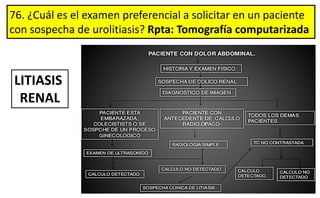 76. ¿Cuál es el examen preferencial a solicitar en un paciente
con sospecha de urolitiasis? Rpta: Tomografía computarizada
LITIASIS
RENAL
 