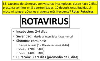 83. Lactante de 10 meses con vacunas incompletas, desde hace 2 días
presenta vómitos en 8 oportunidades, 10 deposiciones líquidas sin
moco ni sangre. ¿Cuál es el agente más frecuente? Rpta: Rotavirus
• Incubación: 2-4 días
• Severidad: desde asintomática hasta mortal
• Síntomas comunes:
• Diarrea acuosa (5 - 10 evacuaciones al día)
• Vómito (70% - 90%)
• Fiebre (30% - 50%)
• Duración: 3 a 9 días (promedio de 6 días)
ROTAVIRUS
 
