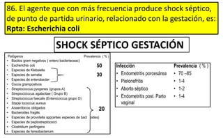 86. El agente que con más frecuencia produce shock séptico,
de punto de partida urinario, relacionado con la gestación, es:
Rpta: Escherichia coli
SHOCK SÉPTICO GESTACIÓN
 