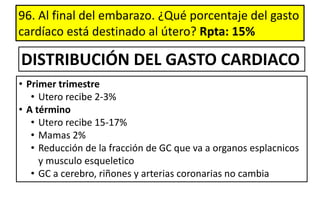 96. Al final del embarazo. ¿Qué porcentaje del gasto
cardíaco está destinado al útero? Rpta: 15%
• Primer trimestre
• Utero recibe 2-3%
• A término
• Utero recibe 15-17%
• Mamas 2%
• Reducción de la fracción de GC que va a organos esplacnicos
y musculo esqueletico
• GC a cerebro, riñones y arterias coronarias no cambia
DISTRIBUCIÓN DEL GASTO CARDIACO
 