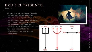 N a E s c o l a d e U m b a n d a C a b o c l o
M i r i m , E x u é u m a e n t i d a d e
t r i p o l a r , o q u e j u s t i f i c a o u s o
d o t r i d e n t e , o n d e c a d a u m a d a s
p o n t e i r a s r e p r e s e n t a r i a u m a
p o l a r i d a d e ; o q u e f a z d e E x u
e s s e n c i a l e m q u a l q u e r t r a b a l h o
p o r s u a c a p a c i d a d e d e
t r a n s f o r m a r a s e n e r g i a s d o
a m b i e n t e ;
E
X
U
E
O
T
R
I
D
E
N
T
E
E X U E O T R I D E N T E
E X U E O T R I D E N T E
 
