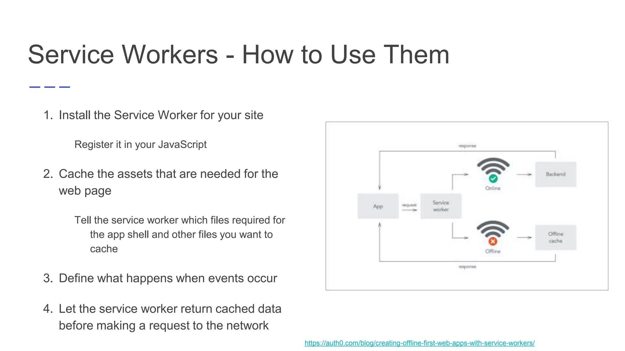 Service Workers - How to Use Them
1. Install the Service Worker for your site
Register it in your JavaScript
2. Cache the assets that are needed for the
web page
Tell the service worker which files required for
the app shell and other files you want to
cache
3. Define what happens when events occur
4. Let the service worker return cached data
before making a request to the network
https://auth0.com/blog/creating-offline-first-web-apps-with-service-workers/
 