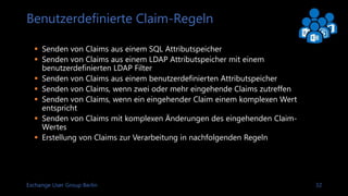 Exchange User Group Berlin 33
Erstellung von Regeln
Eine Regeln besteht aus zwei Teilen – Bedingung und
Ausgabeaussage
Bedingung
Ausgabeaussage
 