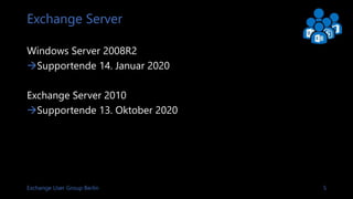 Exchange User Group Berlin 5
Exchange Server
Windows Server 2008R2
Supportende 14. Januar 2020
Exchange Server 2010
Supportende 13. Oktober 2020
 
