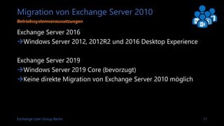 Exchange User Group Berlin 11
Migration von Exchange Server 2010
Exchange Server 2016
Windows Server 2012, 2012R2 und 2016 Desktop Experience
Exchange Server 2019
Windows Server 2019 Core (bevorzugt)
Keine direkte Migration von Exchange Server 2010 möglich
Betriebssystemvoraussetzungen
 