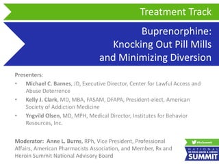 Buprenorphine:
Knocking Out Pill Mills
and Minimizing Diversion
Presenters:
• Michael C. Barnes, JD, Executive Director, Center for Lawful Access and
Abuse Deterrence
• Kelly J. Clark, MD, MBA, FASAM, DFAPA, President-elect, American
Society of Addiction Medicine
• Yngvild Olsen, MD, MPH, Medical Director, Institutes for Behavior
Resources, Inc.
Treatment Track
Moderator: Anne L. Burns, RPh, Vice President, Professional
Affairs, American Pharmacists Association, and Member, Rx and
Heroin Summit National Advisory Board
 