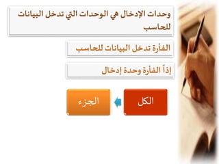 ‫إدخال‬‫وحدة‬ ‫ة‬‫ر‬‫الفأ‬ ‫إذا‬
‫البيانات‬ ‫تدخل‬ ‫التي‬ ‫الوحدات‬ ‫هي‬ ‫اإلدخال‬‫وحدات‬
‫اسب‬ ‫لل‬
‫الكل‬‫الجزء‬
 