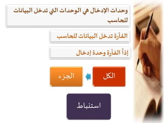 ‫إدخال‬‫وحدة‬ ‫ة‬‫ر‬‫الفأ‬ ‫إذا‬
‫البيانات‬ ‫تدخل‬ ‫التي‬ ‫الوحدات‬ ‫هي‬ ‫اإلدخال‬‫وحدات‬
‫اسب‬ ‫لل‬
‫الكل‬‫الجزء‬
‫استنباط‬
 