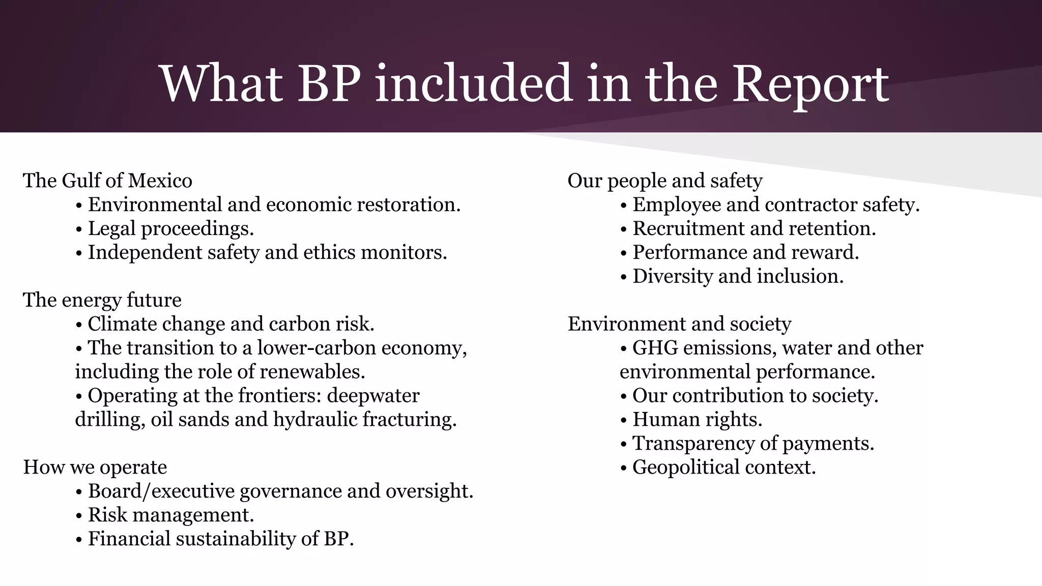 What BP included in the Report
The Gulf of Mexico
• Environmental and economic restoration.
• Legal proceedings.
• Independent safety and ethics monitors.
The energy future
• Climate change and carbon risk.
• The transition to a lower-carbon economy,
including the role of renewables.
• Operating at the frontiers: deepwater
drilling, oil sands and hydraulic fracturing.
How we operate
• Board/executive governance and oversight.
• Risk management.
• Financial sustainability of BP.
Our people and safety
• Employee and contractor safety.
• Recruitment and retention.
• Performance and reward.
• Diversity and inclusion.
Environment and society
• GHG emissions, water and other
environmental performance.
• Our contribution to society.
• Human rights.
• Transparency of payments.
• Geopolitical context.
 