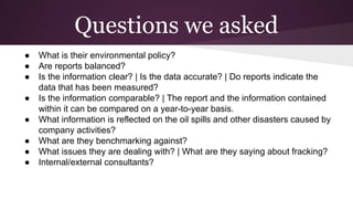 Questions we asked
● What is their environmental policy?
● Are reports balanced?
● Is the information clear? | Is the data accurate? | Do reports indicate the
data that has been measured?
● Is the information comparable? | The report and the information contained
within it can be compared on a year-to-year basis.
● What information is reflected on the oil spills and other disasters caused by
company activities?
● What are they benchmarking against?
● What issues they are dealing with? | What are they saying about fracking?
● Internal/external consultants?
 