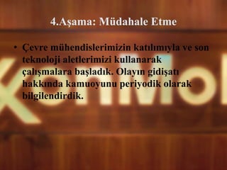 4.Aşama: Müdahale Etme
• Çevre mühendislerimizin katılımıyla ve son
teknoloji aletlerimizi kullanarak
çalışmalara başladık. Olayın gidişatı
hakkında kamuoyunu periyodik olarak
bilgilendirdik.
 