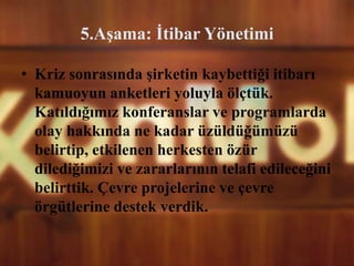 5.Aşama: İtibar Yönetimi
• Kriz sonrasında şirketin kaybettiği itibarı
kamuoyun anketleri yoluyla ölçtük.
Katıldığımız konferanslar ve programlarda
olay hakkında ne kadar üzüldüğümüzü
belirtip, etkilenen herkesten özür
dilediğimizi ve zararlarının telafi edileceğini
belirttik. Çevre projelerine ve çevre
örgütlerine destek verdik.
 