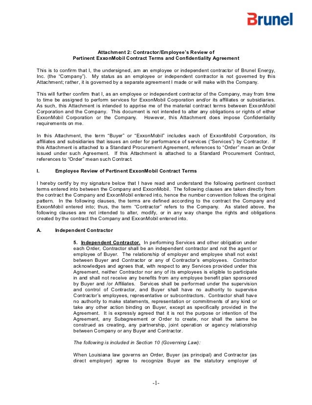 Exxon Mobil Contract Terms And Confidentiality Agreement