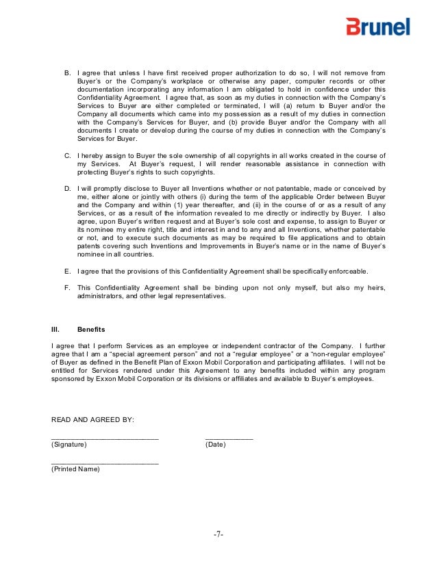 Exxon Mobil Contract Terms And Confidentiality Agreement