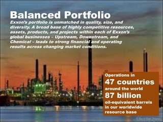 Balanced Portfolio
Exxon’s portfolio is unmatched in quality, size, and
diversity. A broad base of highly competitive resources,
assets, products, and projects within each of Exxon’s
global businesses – Upstream, Downstream, and
Chemical – leads to strong financial and operating
results across changing market conditions.
Operations in
47 countries
around the world
87 billion
oil-equivalent barrels
in our worldwide
resource base
 