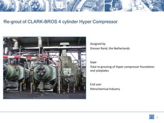 Re-grout of CLARK-BROS 4 cylinder Hyper Compressor



                                     Assigned by
                                     Dresser Rand, the Netherlands



                                     Sope
                                     Total re-grouting of Hyper compressor foundation
                                     and soleplates



                                     End user
                                     Petrochemical Industry




                                                                                        1
 