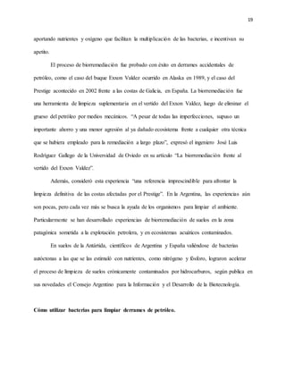 19
aportando nutrientes y oxígeno que facilitan la multiplicación de las bacterias, e incentivan su
apetito.
El proceso de biorremediación fue probado con éxito en derrames accidentales de
petróleo, como el caso del buque Exxon Valdez ocurrido en Alaska en 1989, y el caso del
Prestige acontecido en 2002 frente a las costas de Galicia, en España. La biorremediación fue
una herramienta de limpieza suplementaria en el vertido del Exxon Valdez, luego de eliminar el
grueso del petróleo por medios mecánicos. “A pesar de todas las imperfecciones, supuso un
importante ahorro y una menor agresión al ya dañado ecosistema frente a cualquier otra técnica
que se hubiera empleado para la remediación a largo plazo”, expresó el ingeniero José Luis
Rodríguez Gallego de la Universidad de Oviedo en su artículo “La biorremediación frente al
vertido del Exxon Valdez”.
Además, consideró esta experiencia “una referencia imprescindible para afrontar la
limpieza definitiva de las costas afectadas por el Prestige”. En la Argentina, las experiencias aún
son pocas, pero cada vez más se busca la ayuda de los organismos para limpiar el ambiente.
Particularmente se han desarrollado experiencias de biorremediación de suelos en la zona
patagónica sometida a la explotación petrolera, y en ecosistemas acuáticos contaminados.
En suelos de la Antártida, científicos de Argentina y España valiéndose de bacterias
autóctonas a las que se las estimuló con nutrientes, como nitrógeno y fósforo, lograron acelerar
el proceso de limpieza de suelos crónicamente contaminados por hidrocarburos, según publica en
sus novedades el Consejo Argentino para la Información y el Desarrollo de la Biotecnología.
Cómo utilizar bacterias para limpiar derrames de petróleo.
 