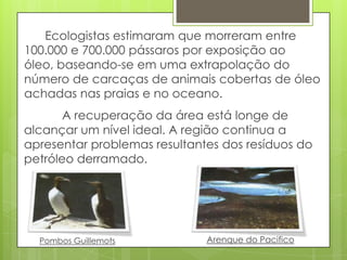 Ecologistas estimaram que morreram entre
100.000 e 700.000 pássaros por exposição ao
óleo, baseando-se em uma extrapolação do
número de carcaças de animais cobertas de óleo
achadas nas praias e no oceano.
       A recuperação da área está longe de
alcançar um nível ideal. A região continua a
apresentar problemas resultantes dos resíduos do
petróleo derramado.




  Pombos Guillemots           Arenque do Pacifico
 