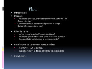 Plan:
 Introduction:
 L’ozone:
• Qu’est ce que la couche d’ozone? comment se forme t-il?
• Quand t-il existe?
• Comment le trou d’ozone évolué pendant le temps ?
• Qui sont les causes de ce trou?
 Effet de serre:
• qu’est ce que le réchauffement planétaire?
• Qu’est ce que l’effet de serre après l’existance du trou?
• Pourquoi la température de la terre augmente?
 Les dangers de ce trou sur notre planète:
• Dangers sur la sante.
• Dangers sur la terre.(quelques exemple)
 Conclusion:
 