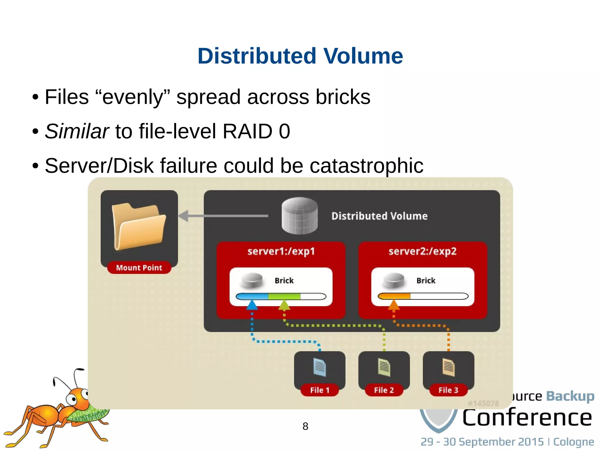 8
● Files “evenly” spread across bricks
● Similar to file-level RAID 0
● Server/Disk failure could be catastrophic
Distributed Volume
 