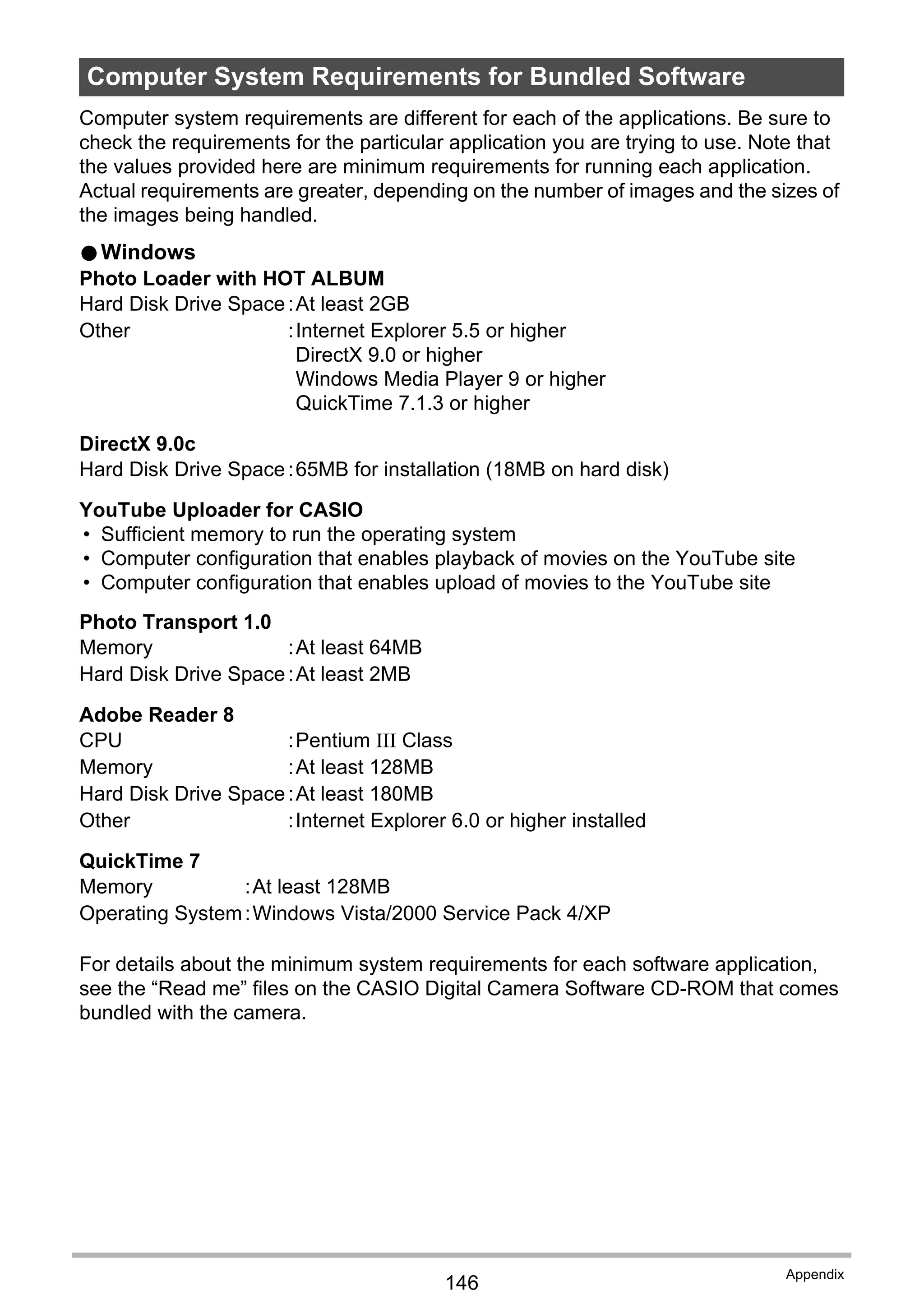 146
Appendix
Computer system requirements are different for each of the applications. Be sure to
check the requirements for the particular application you are trying to use. Note that
the values provided here are minimum requirements for running each application.
Actual requirements are greater, depending on the number of images and the sizes of
the images being handled.
0Windows
Photo Loader with HOT ALBUM
DirectX 9.0c
YouTube Uploader for CASIO
• Sufficient memory to run the operating system
• Computer configuration that enables playback of movies on the YouTube site
• Computer configuration that enables upload of movies to the YouTube site
Photo Transport 1.0
Adobe Reader 8
QuickTime 7
For details about the minimum system requirements for each software application,
see the “Read me” files on the CASIO Digital Camera Software CD-ROM that comes
bundled with the camera.
Computer System Requirements for Bundled Software
Hard Disk Drive Space:At least 2GB
Other :Internet Explorer 5.5 or higher
DirectX 9.0 or higher
Windows Media Player 9 or higher
QuickTime 7.1.3 or higher
Hard Disk Drive Space:65MB for installation (18MB on hard disk)
Memory :At least 64MB
Hard Disk Drive Space:At least 2MB
CPU :Pentium III Class
Memory :At least 128MB
Hard Disk Drive Space:At least 180MB
Other :Internet Explorer 6.0 or higher installed
Memory :At least 128MB
Operating System:Windows Vista/2000 Service Pack 4/XP
 