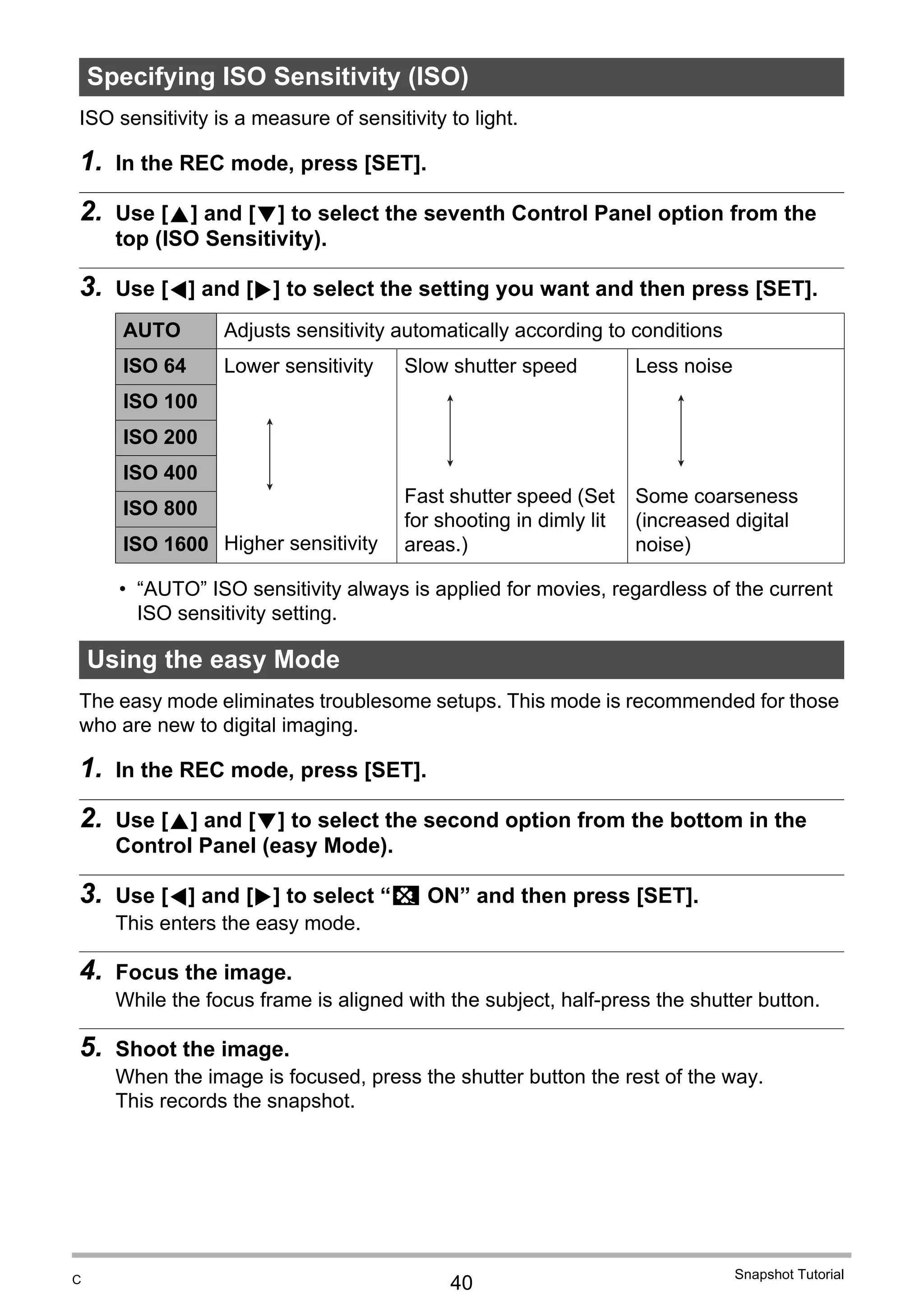 40
Snapshot Tutorial
ISO sensitivity is a measure of sensitivity to light.
1. In the REC mode, press [SET].
2. Use [8] and [2] to select the seventh Control Panel option from the
top (ISO Sensitivity).
3. Use [4] and [6] to select the setting you want and then press [SET].
• “AUTO” ISO sensitivity always is applied for movies, regardless of the current
ISO sensitivity setting.
The easy mode eliminates troublesome setups. This mode is recommended for those
who are new to digital imaging.
1. In the REC mode, press [SET].
2. Use [8] and [2] to select the second option from the bottom in the
Control Panel (easy Mode).
3. Use [4] and [6] to select “| ON” and then press [SET].
This enters the easy mode.
4. Focus the image.
While the focus frame is aligned with the subject, half-press the shutter button.
5. Shoot the image.
When the image is focused, press the shutter button the rest of the way.
This records the snapshot.
Specifying ISO Sensitivity (ISO)
AUTO Adjusts sensitivity automatically according to conditions
ISO 64 Lower sensitivity
Higher sensitivity
Slow shutter speed
Fast shutter speed (Set
for shooting in dimly lit
areas.)
Less noise
Some coarseness
(increased digital
noise)
ISO 100
ISO 200
ISO 400
ISO 800
ISO 1600
Using the easy Mode
C
 