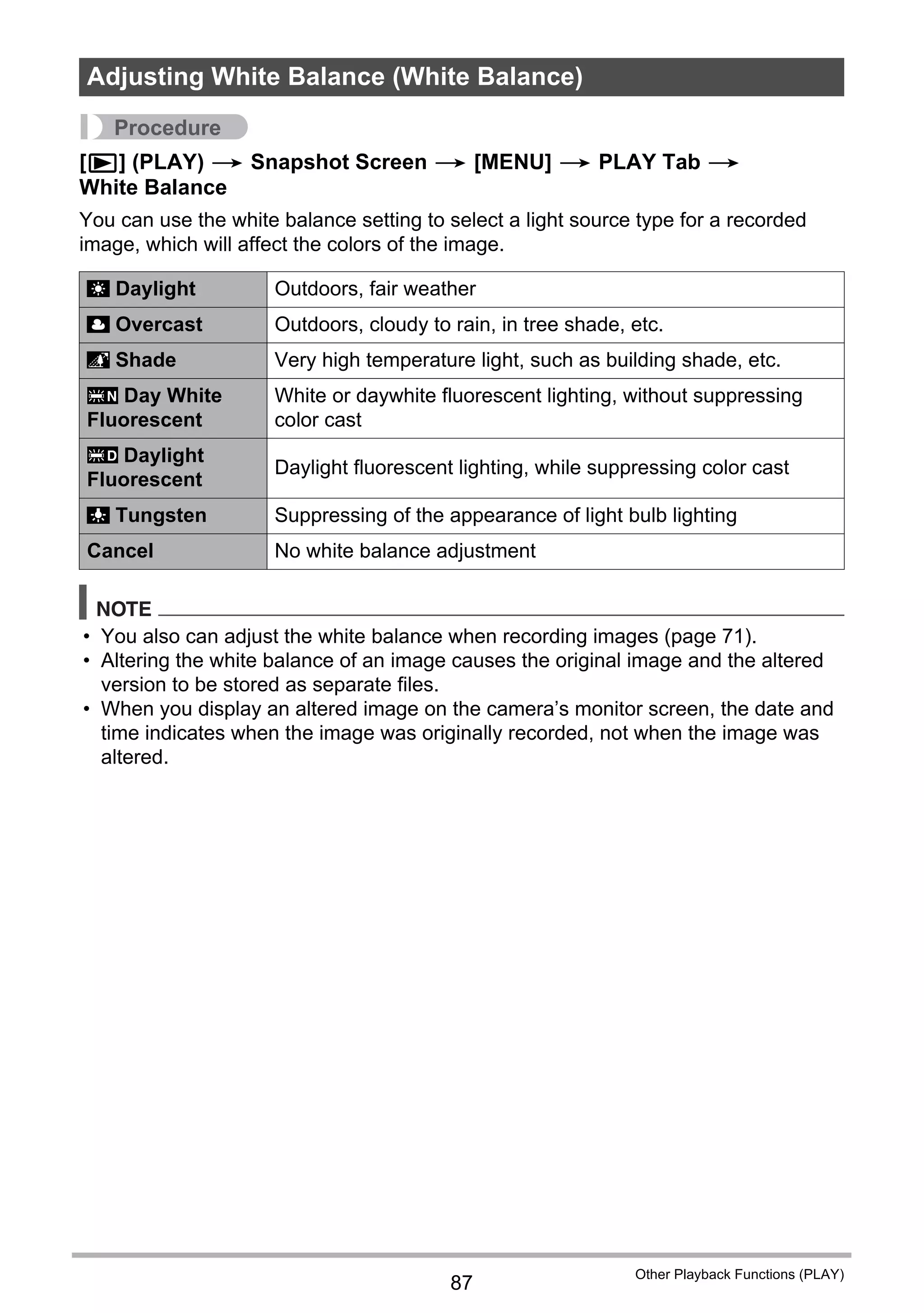 87
Other Playback Functions (PLAY)
Procedure
[p] (PLAY) * Snapshot Screen * [MENU] * PLAY Tab *
White Balance
You can use the white balance setting to select a light source type for a recorded
image, which will affect the colors of the image.
NOTE
• You also can adjust the white balance when recording images (page 71).
• Altering the white balance of an image causes the original image and the altered
version to be stored as separate files.
• When you display an altered image on the camera’s monitor screen, the date and
time indicates when the image was originally recorded, not when the image was
altered.
Adjusting White Balance (White Balance)
Daylight Outdoors, fair weather
Overcast Outdoors, cloudy to rain, in tree shade, etc.
Shade Very high temperature light, such as building shade, etc.
Day White
Fluorescent
White or daywhite fluorescent lighting, without suppressing
color cast
Daylight
Fluorescent
Daylight fluorescent lighting, while suppressing color cast
Tungsten Suppressing of the appearance of light bulb lighting
Cancel No white balance adjustment
¤
'
“
†
–
«
 
