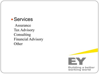  Services
Assurance
Tax Advisory
Consulting
Financial Advisory
Other
 