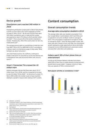 Media and entertainment
Device growth
Smartphone users reached 340 million in
2018
Smartphone penetration in India grew to 36% of total phones
in 2018, up from 33% in 2017 and is expected to further
increase to 39% in 201913
. By the end of 2018, there were
340 million smartphone users in India and this number
was expected to reach 373 million in 2019 and 442 million
by 202214
. This is around 14% of the world’s smartphone
market. Paradoxically, 35% of the country does not own any
mobile phone yet15
.
The average amount spent on smartphones in India has risen
from INR7,700 in 2015 to INR9,960 in 2017, according to
a Nielsen report on smartphone usage in India called “What
handsets say about Consumers”.
Jio’s smart feature phone, the JioPhone, continues to
enable a new bunch of consumers to access the internet and
is estimated to have sold around 40 million units since its
launch16
.
Smart / Connected TVs crossed the 10
million mark
Industry estimates indicate that there were about 10-12
million smart TVs in 2018, and this is expected to increase
to over 20 million TVs by 202017
. As the price of a smart TV
falls to INR15,000, this number could increase manifold –
leading to a growth in large screen viewing of OTT content.
Content consumption
Overall consumption trends
Average data consumption doubled in 2018
The average Indian data user doubled consumption from
four to eight GB per month between 2017 and 2018, and
is expected to consume 10 GB per month on average in
2019. This consumption is expected to increase to 15 GB
on average by 202418
. Given the large growth in base, with
many new users coming in from rural India, the consumption
growth represents a large opportunity to telcos and media
companies to serve differentiated and customized content
and grow their subscribers and audiences.
Indians spent 30% of their phone time on
entertainment
A study by the Omidyar Network indicates that Indians
spend 30% of their time on mobile phones on entertainment,
second only to social media19
. However, in terms of data,
they use upwards of 70% on entertainment20
.
Most popular activities on smartphones in India21
21%
16%
15%
4% 4%
Visit a social
network
Watch
videos
Use a
search
engine
Look for
product
information
Play
games
13.	 eMarketer; via Statista
14.	 Counterpoint research; https://www.indiatimes.com/technology/news/
smartphone-users-in-india-smartphone-penetration-is-set-to-reach-373-
million-users-in-2019_-360475.html
15.	 Pew Research
16.	 https://indianexpress.com/article/technology/mobile-tabs/nearly-40-
million-jiophones-have-been-sold-so-far-report-5152257/
17.	 Industry discussions; EY estimates
18.	 TRAI, Ericsson Mobility Report 2017 & 2018, https://economictimes.
indiatimes.com/tech/internet/data-usage-to-turn-upwardly-mobile-
in-2019/articleshow/67358232.cms; EY analysis
19.	 Innovating for the next half billion
20.	 https://timesofindia.indiatimes.com/business/india-business/
indians-spend-70-of-mobile-internet-time-on-social-entertainment/
articleshow/62125840.cms
21.	 We Are Social; Google Consumer Survey Jan 2018, age 16+
 