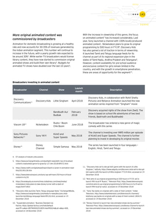 143
Broadcaster Channel Show
Launch
month
Description
Discovery
Communications11
Discovery Kids Little Singham April 2018
Discovery Kids, in collaboration with Rohit Shetty
Picturez and Reliance Animation launched the new
animation series inspired from “Singham” movie
Bandbudh Aur
Budbak
February
2018
Discovery acquired rights of the show from ZeeQ. The
show is based on school life adventures of two best
friends, Badrinath and Buddhadeb
Viacom 1812
Nickelodeon
Rudra – Boom
Chik Boom
June 2018
The broadcaster has entered a new genre of magic
comedy with this series
Sony Pictures
Networks13
Sony YAY!
KickO and
Super Speedo
May 2018
The channel is investing over INR5 million per episode
of KickO and Super Speedo. The channel is further
planning to invest in developing its original movies
Disney14
Disney
Channel
Simple Samosa May 2018
The series has been launched in four languages –
English, Hindi, Tamil and Telugu
More original animated content was
commissioned by broadcasters
Animation for domestic broadcasting is growing at a healthy
rate and now accounts for 30-35% of revenues generated by
the Indian animation segment. This number will continue to
increase in the future, with a yearly growth rate expected to
be around 30%4
. While earlier TV broadcasters would license
library content, they have now started to commission original
animated shows and build their own library5
. Budgets for
animated TV shows have doubled over the last 10 years6
.
With the increase in viewership of this genre, the focus
on animated content7
has increased considerably. Last
year, Sony launched a channel with 100% locally-produced
animated content . Nickelodeon plans to grow its original
programming to 500 hours in FY198
. Discovery Kids
has also gained a lot of traction in terms of viewership.
It launched Tamil and Telugu language feeds for its
channel as part of its regional expansion plan in the
states of Tamil Nadu, Andhra Pradesh and Telangana9
.
However, content availability for pre-school audience
and exclusive content for girls remain limited in the
country, and with the growth in smartphone penetration,
these are areas of opportunity for the segment10
.
4.	 EY analysis of industry discussions
5.	 https://www.exchange4media.com/spotlight-news/with-rise-of-localised-
content-creationkids-genre-to-grow-by-12-14in-2018-89572.html
6.	 https://www.rediff.com/getahead/report/want-a-career-in-animation-read-
this/20190128.htm
7.	 https://www.televisionpost.com/sony-yay-will-have-250-hours-of-local-
content-in-fy19/
8.	 https://brandequity.economictimes.indiatimes.com/news/media/
nickelodeon-india-plans-to-take-disney-turner-with-a-dash-of-
magic/64473403
9.	 “Discovery Kids launches Tamil, Telugu language feeds,” Exchange4Media,
https://www.exchange4media.com/media-tv-news/discovery-kids-
launches-tamiltelugu-language-feeds-89126.html, accessed on 19
December 2018
10.	 “Suspended animation,” Business Standard via
Factiva, https://global.factiva.com/redir/default.
aspx?P=sa&an=BSTN000020180914ee9f002nk&cat=a&ep=ASE,
accessed on 18 December 2018
11.	 “Discovery Kids set to disrupt kid’s genre with the launch of Little
Singham,” AdGully, https://www.adgully.com/discovery-kids-set-to-disrupt-
kid-s-genre-with-the-launch-of-little-singham-77319.html, accessed on 19
December 2018
12.	“Nick aims to up original programming to 500 hours in FY19; set to
launch fifth local IP ‘Rudra’,” Television Post, https://www.televisionpost.
com/nick-aims-to-up-original-programming-to-500-hours-in-fy19-set-to-
launch-fifth-local-ip-rudra/, accessed on 19 December 2018
13.	 “Sony Yay banks on originals with a slew of fresh content,” Indian
Television, http://www.indiantelevision.com/television/tv-channels/
kids/sony-yay-banks-on-originals-with-a-slew-of-fresh-content-180419,
accessed on 19 December 2018
14.	“Disney Channel to launch two new animated shows during summer,”
Television Post, https://www.televisionpost.com/disney-channel-to-launch-
two-new-animated-shows-during-summer/, accessed on 19 December
2018
Broadcasters investing in animated content
 