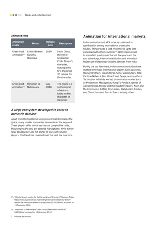 Media and entertainment
A large ecosystem developed to cater to
domestic demand
Apart from the traditional large players that dominated the
space, many smaller companies have entered the segment.
These players offer similar services at competitive costs,
thus keeping the cost per episode manageable. While earlier
large broadcasters did not prefer to work with smaller
players, this trend has reversed over the past few quarters.
15.	“Chhota Bheem readies for Netflix and a new 3D project,” Business Today,
https://www.businesstoday.in/trending/entertainment/chhota-bheem-
readies-for-netflix-and-a-new-3d-project/story/276558.html, accessed on
19 December 2018
16.	“Hanuman vs. Mahiravana,” IMDb, https://www.imdb.com/title/
tt8430866/, accessed on 19 December 2018
17.	Industry discussions
Animation
studio
Movie
Release
date
Description
Green Gold
Animation15
Chhota Bheem
Kung-Fu
Dhamaka
2019 Set in China,
the movie
is based on
Chota Bheem’s
character,
making it the
first theatrical
3D release for
the character
Green Gold
Animation16
Hanuman vs
Mahiravana
July
2018
The movie is a
mythological
adventure
based on the
character of
Hanuman
Animated films Animation for international markets
Indian animation and VFX services continued to
gain traction among international production
houses. They provide a cost efficiency of up to 50%
compared with other countries17
. With improvement
in animation quality over the last few years and the
cost advantage, international studios and animation
houses are increasingly utilizing services from India.
During the last few years, Indian animation studios have
worked with major international players such as Disney,
Warner Brothers, DreamWorks, Sony, Viacom/Nick, BBC,
Cartoon Network, Fox, Ubisoft and Zynga, among others.
Technicolor India has worked on animation movies such
as Penguins of Madagascar, Kung Fu Panda: Legends of
Awesomeness, Mickey and the Roadster Racers, Alvin and
the Chipmunks, All Hail Kind Julian, Wallykazam, Fanboy
and Chumchum and Puss in Boots, among others.
 