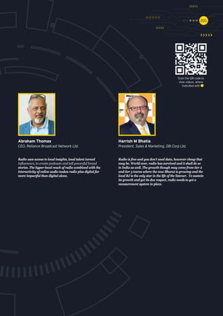 201201
Radio uses access to local insights, local talent turned
influencers, to create podcasts and tell powerful brand
stories. The hyper-local reach of radio combined with the
interactivity of online audio makes radio plus digital far
more impactful than digital alone.
Abraham Thomas
CEO, Reliance Broadcast Network Ltd.
Radio is free and you don’t need data, however cheap that
may be. World over, radio has survived and it shall do so
in India as well. The growth though may come from tier 2
and tier 3 towns where the new Bharat is growing and the
local RJ is the only star in the life of the listener.  To sustain
its growth and get its due respect, radio needs to get a
measurement system in place.
Harrish M Bhatia
President, Sales & Marketing, DB Corp Ltd.
Scan the QR code to
view videos, where
indicated with
 
