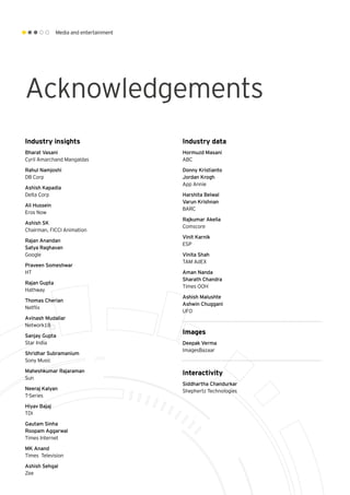 Media and entertainment
Acknowledgements
Industry insights
Bharat Vasani
Cyril Amarchand Mangaldas
Rahul Namjoshi
DB Corp
Ashish Kapadia
Delta Corp
Ali Hussein
Eros Now
Ashish SK
Chairman, FICCI Animation
Rajan Anandan
Satya Raghavan
Google
Praveen Someshwar
HT
Rajan Gupta
Hathway
Thomas Cherian
Netflix
Avinash Mudaliar
Network18
Sanjay Gupta
Star India
Shridhar Subramanium
Sony Music
Maheshkumar Rajaraman
Sun
Neeraj Kalyan
T-Series
Hiyav Bajaj
TDI
Gautam Sinha
Roopam Aggarwal
Times Internet
MK Anand
Times Television
Ashish Sehgal
Zee
Industry data
Hormuzd Masani
ABC
Donny Kristianto
Jordan Krogh
App Annie
Harshita Belwal
Varun Krishnan
BARC
Rajkumar Akella
Comscore
Vinit Karnik
ESP
Vinita Shah
TAM AdEX
Aman Nanda
Sharath Chandra
Times OOH
Ashish Malushte
Ashwin Chuggani
UFO
Images
Deepak Verma
ImagesBazaar
Interactivity
Siddhartha Chandurkar
Shephertz Technologies
 