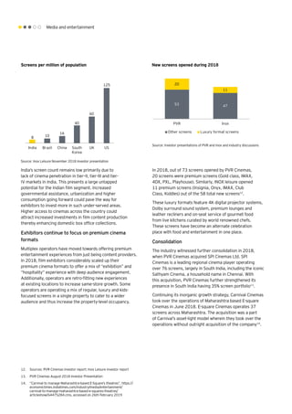 Media and entertainment
Source: Inox Leisure November 2018 investor presentation
Source: Investor presentations of PVR and Inox and industry discussions
40837
8 10
16
40
60
125
India Brazil China South
Korea
UK US
40837
53 47
20
11
PVR Inox
Other screens Luxury format screens
India’s screen count remains low primarily due to
lack of cinema penetration in tier–II, tier-III and tier-
IV markets in India. This presents a large untapped
potential for the Indian film segment. Increased
governmental assistance, urbanization and higher
consumption going forward could pave the way for
exhibitors to invest more in such under-served areas.
Higher access to cinemas across the country could
attract increased investments in film content production
thereby enhancing domestic box office collections.
Exhibitors continue to focus on premium cinema
formats
Multiplex operators have moved towards offering premium
entertainment experiences from just being content providers.
In 2018, film exhibitors considerably scaled up their
premium cinema formats to offer a mix of “exhibition” and
“hospitality” experience with deep audience engagement.
Additionally, operators are retro-fitting new experiences
at existing locations to increase same-store growth. Some
operators are operating a mix of regular, luxury and kids-
focused screens in a single property to cater to a wider
audience and thus increase the property-level occupancy.
In 2018, out of 73 screens opened by PVR Cinemas,
20 screens were premium screens (Gold class, IMAX,
4DX, PXL, Playhouse). Similarly, INOX leisure opened
11 premium screens (Insignia, Onyx, IMAX, Club
Class, Kiddles) out of the 58 total new screens12
.
These luxury formats feature 4K digital projector systems,
Dolby surround sound system, premium lounges and
leather recliners and on-seat service of gourmet food
from live kitchens curated by world renowned chefs.
These screens have become an alternate celebration
place with food and entertainment in one place.
Consolidation
The industry witnessed further consolidation in 2018,
when PVR Cinemas acquired SPI Cinemas Ltd. SPI
Cinemas is a leading regional cinema player operating
over 76 screens, largely in South India, including the iconic
Sathyam Cinema, a household name in Chennai. With
this acquisition, PVR Cinemas further strengthened its
presence in South India having 35% screen portfolio13
.
Continuing its inorganic growth strategy, Carnival Cinemas
took over the operations of Maharashtra based E-square
Cinemas in June 2018. E-square Cinemas operates 37
screens across Maharashtra. The acquisition was a part
of Carnival’s asset-light model wherein they took over the
operations without outright acquisition of the company14
.
Screens per million of population New screens opened during 2018
12.	 Sources: PVR Cinemas investor report; Inox Leisure investor report
13.	 PVR Cinemas August 2018 Investor Presentation
14.	 “Carnival to manage Maharashtra-based E-Square’s theatres”, https://
economictimes.indiatimes.com/industry/media/entertainment/
carnival-to-manage-maharashtra-based-e-squares-theatres/
articleshow/64475284.cms, accessed on 26th February 2019
 