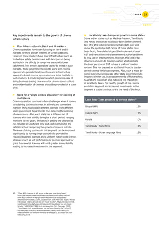 83
Key impediments remain to the growth of cinema
infrastructure
►► Poor infrastructure in tier-II and III markets
Cinema operators have been focusing on tier-II and III
markets for their growth in terms of screen additions.
However, these markets have poor infrastructure such as
limited real estate development with land parcels being
available in the off-city or non-prime areas with lower
catchment. This inhibits operators’ ability to invest in such
markets. State governments need to work with cinema
operators to provide fiscal incentives and infrastructure
support to boost cinema penetration and drive footfalls in
such markets. A model legislation which promotes ease of
doing business (easing clearances for cinema construction)
and modernisation of cinemas should be promoted at a state
level.
►► Need for a “single window clearance” for opening of
multiplexes
Cinema operators continue to face challenges when it comes
to obtaining business licenses in a timely and convenient
manner. They must obtain different licenses from different
state government departments thus delaying the opening
of new screens. Also, each state has a different set of
licenses with their validity being for a short period, ranging
from one to two years. The delay in getting the clearances
has resulted in significant time and cost overruns for the
exhibitors thus hampering the growth of screens in India.
The ease of doing business in this segment can be improved
significantly by having single authority to provide the
requisite business licenses and a uniform nation-wide license.
Measures such as self-certification or deemed approval for
grant / renewal of licenses will instill greater accountability
leading to increased investment in the segment.
►► Local body taxes hampered growth in some states
Some Indian states such as Madhya Pradesh, Tamil Nadu
and Kerala announced local body taxes (entertainment
tax) of 5-15% to be levied on cinema tickets over and
above the applicable GST. Some of these states have
been facing financial crisis post the implementation of
GST and hence the central government authorized them
to levy tax on entertainment. However, this kind of tax
structure amounts to double taxation which defeats
the basic purpose of GST to have a uniform taxation
system. This has created an additional financial burden
on the cinema exhibition segment. Also, such a move by
some states may encourage other state governments to
impose a similar tax. State governments of Maharashtra,
Gujarat and Rajasthan also indicated the imposition
of local body taxes. For healthy growth of the cinema
exhibition segment and increased investments in the
segment a stable tax structure is the need of the hour.
Local Body Taxes proposed by various states43
Bhopal (MP) 15%
Indore (MP) 5%
Kerala 10%
Tamil Nadu – Tamil films 8%
Tamil Nadu – Other language films 15%
43.	 “Over 450 cinemas in MP go on strike over local body taxes”,
https://economictimes.indiatimes.com/news/politics-and-nation/
over-450-cinemas-in-mp-go-on-strike-over-local-body-taxes/
articleshow/66095523.cms, accessed on 26th February 2019; “Kerala
introduces 10% local body tax on movie tickets”, https://www.livemint.
com/industry/media/kerala-introduces-10-local-body-tax-on-movie-
tickets-1549015822331.html, accessed on 26th February 2019;
“Tamil Nadu cuts entertainment tax on Tamil films to 8%”, https://
indianexpress.com/article/entertainment/tamil/tamil-nadu-cuts-
entertainment-tax-on-tamil-films-to-8-4893197/, accessed on 26th
February 2019.
 