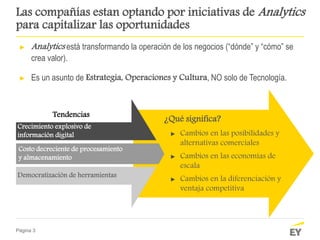 Página 3
¿Qué significa?
► Cambios en las posibilidades y
alternativas comerciales
► Cambios en las economías de
escala
► Cambios en la diferenciación y
ventaja competitiva
Crecimiento explosivo de
información digital
Costo decreciente de procesamiento
y almacenamiento
Democratización de herramientas
Las compañías estan optando por iniciativas de Analytics
para capitalizar las oportunidades
► Analytics está transformando la operación de los negocios (“dónde” y “cómo” se
crea valor).
► Es un asunto de Estrategia, Operaciones y Cultura, NO solo de Tecnología.
Tendencias
 