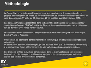 Méthodologie
Le Baromètre du capital risque France recense les opérations de financement en fonds
propres des entreprises en phase de création ou durant les premières années d’existence, en
date d’opération du 1er juillet au 31 décembre 2013, publiées avant le 21 janvier 2013.
Les données françaises présentées dans ce baromètre sont basées sur les données Dow
Jones VentureSource, CFNEWS et Capital Finance. Les données européennes sont basées
sur les données Dow Jones VentureSource.

Le traitement de ces données et l’analyse sont issus de la méthodologie EY et réalisés par
Ernst & Young et Associés.
Uniquement les opérations dont le montant est communiqué ont été prises en compte dans
cette étude.
Le secteur des services internet regroupe des activités telles que l’e-commerce, le marketing
à la performance (lead, référencement), le géomarketing ou les applications mobiles.
Les éléments chiffrés individuels communiqués dans le top investisseurs sont issus des
informations collectées par nos différentes sources, puis communiqués pour validation
auprès des fonds d’investissement concernés.

Presentation title

8

 