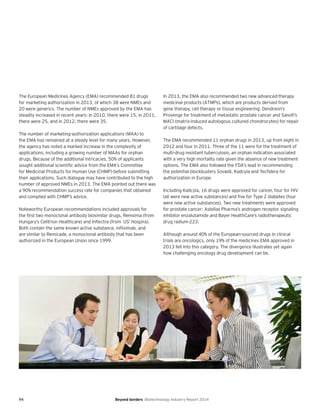 94 Beyond borders Biotechnology Industry Report 2014
The European Medicines Agency (EMA) recommended 81 drugs
for marketing authorization in 2013, of which 38 were NMEs and
20 were generics. The number of NMEs approved by the EMA has
steadily increased in recent years: in 2010, there were 15, in 2011,
there were 25, and in 2012, there were 35.
The number of marketing-authorization applications (MAA) to
the EMA has remained at a steady level for many years. However,
the agency has noted a marked increase in the complexity of
applications, including a growing number of MAAs for orphan
drugs. Because of the additional intricacies, 50% of applicants
sought additional scientific advice from the EMA’s Committee
for Medicinal Products for Human Use (CHMP) before submitting
their applications. Such dialogue may have contributed to the high
number of approved NMEs in 2013. The EMA pointed out there was
a 90% recommendation success rate for companies that obtained
and complied with CHMP’s advice.
Noteworthy European recommendations included approvals for
the first two monoclonal antibody biosimilar drugs, Remsima (from
Hungary’s Celltrion Healthcare) and Inflectra (from US’ Hospira).
Both contain the same known active substance, infliximab, and
are similar to Remicade, a monoclonal antibody that has been
authorized in the European Union since 1999.
In 2013, the EMA also recommended two new advanced-therapy
medicinal products (ATMPs), which are products derived from
gene therapy, cell therapy or tissue engineering: Dendreon’s
Provenge for treatment of metastatic prostate cancer and Sanofi’s
MACI (matrix-induced autologous cultured chondrocytes) for repair
of cartilage defects.
The EMA recommended 11 orphan drugs in 2013, up from eight in
2012 and four in 2011. Three of the 11 were for the treatment of
multi-drug resistant tuberculosis, an orphan indication associated
with a very high mortality rate given the absence of new treatment
options. The EMA also followed the FDA’s lead in recommending
the potential blockbusters Sovaldi, Kadcyla and Tecfidera for
authorization in Europe.
Including Kadcyla, 16 drugs were approved for cancer, four for HIV
(all were new active substances) and five for Type 2 diabetes (four
were new active substances). Two new treatments were approved
for prostate cancer: Astellas Pharma’s androgen receptor signaling
inhibitor enzalutamide and Bayer HealthCare’s radiotherapeutic
drug radium-223.
Although around 40% of the European-sourced drugs in clinical
trials are oncologics, only 19% of the medicines EMA approved in
2013 fell into this category. The divergence illustrates yet again
how challenging oncology drug development can be.
 