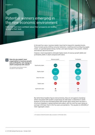 Q How do you expect your
organization’s revenue growth
and profitability will change in
2024 compared with 2023?
The respondents were allowed to select
one option for each statement.
Significantly higher
Slightly higher
About the same
Slightly lower
Significantly lower
1% 1%
Revenue growth Profitability
9%
8%
25% 25%
53%
23%
13%
42%
6 | EY CEO Outlook Pulse Survey — October 2023
In the past four years, business leaders have had to respond to repeated shocks.
These include quickly shifting consumer behaviors, resetting and reconfiguring supply
chains, an upended global energy market, and rapid changes in the growth, inflation
and interest rate environment.
However, most respondents anticipate higher levels of revenue growth (66%) and
profitability (65%) in 2024 compared with 2023.
But while these headline figures look promising, they are set against a backdrop
where real global GDP growth is expected to be 20% lower in 2024 than in 2019.
Analysis of actual and estimated global GDP growth data² shows there has been a
structural stepdown in global demand and output, with the next five years being on
average 0.3% lower than in the five years pre-pandemic. This equates to US$300b of
lower aggregate output.
2
Chapter 2
Potential winners emerging in
the new economic environment
CEOs that feel more confident about their prospects are looking
to extend their lead.
2 EY analysis of Oxford Economics data, accessed on 13th October 2023.
 