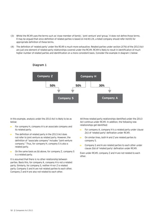 50 | Companies Act 2013
(3)	 Whilst the RC49 uses the terms such as ‘close member of family’, ‘joint venture’ and ‘group,’ it does not define those terms.
It may be argued that since definition of related parties is based on Ind-AS 24, a listed company should refer Ind-AS for
appropriate definition of these terms.
(4)	 The definition of ‘related party’ under the RC49 is much more exhaustive. Related parties under section 2(76) of the 2013 Act
are just one element of related party relationships covered under the RC49. RC49 is likely to result in identification of much
higher number of related parties and identification on a more consistent basis. Consider the example in diagram 1 below:
Company S
50% 50% 30%
Company A
Company Z Company H
Diagram 1
In this example, analysis under the 2013 Act is likely to be as
below:
•	 For company H, company A is an associate company and
its related party.
•	 The definition of related party in the 2013 Act does
not refer to joint venture as related party. However, the
definition of “associate company” includes “joint venture
company.” Thus, for company H, company S is also a
related party.
•	 On the same basis as (b) above, for company Z, company S
is a related party.
It is assumed that there is no other relationship between
parties. Basis this, for company A, company H is not a related
party. Similarly, for company S, neither H nor Z is related
party. Company S and A are not related parties to each other.
Company Z and H are also not related to each other.
All three related party relationships identified under the 2013
Act continue under RC49. In addition, the following new
relationships get identified:
•	 For company A, company H is a related party under clause
2(c) of ‘related party’ defination under RC49.
•	 On similar lines, both H and Z are related parties to
company S.
•	 Company S and A are related parties to each other under
clause 2(e) of ‘related party’ defination under RC49.
Even under RC49, company Z and H are not related to each
other.
 