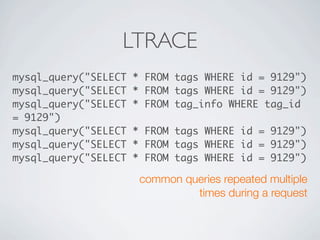LTRACE
mysql_query("SELECT   * FROM tags WHERE id = 9129")
mysql_query("SELECT   * FROM tags WHERE id = 9129")
mysql_query...