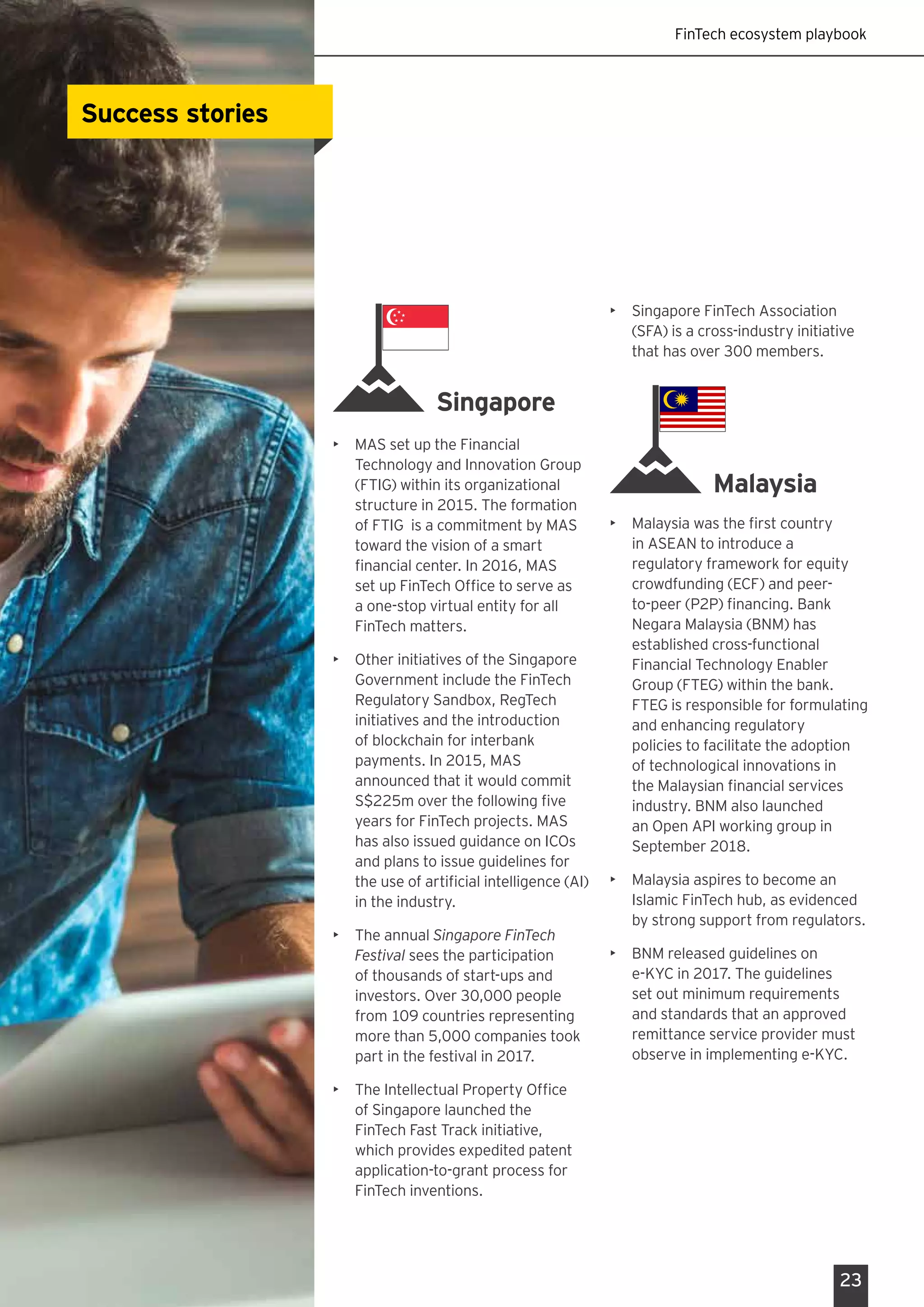 FinTech ecosystem playbook
23
Success stories
Singapore
•	 MAS set up the Financial
Technology and Innovation Group
(FTIG) within its organizational
structure in 2015. The formation
of FTIG  is a commitment by MAS
toward the vision of a smart
financial center. In 2016, MAS
set up FinTech Office to serve as
a one-stop virtual entity for all
FinTech matters.
•	 Other initiatives of the Singapore
Government include the FinTech
Regulatory Sandbox, RegTech
initiatives and the introduction
of blockchain for interbank
payments. In 2015, MAS
announced that it would commit
S$225m over the following five
years for FinTech projects. MAS
has also issued guidance on ICOs
and plans to issue guidelines for
the use of artificial intelligence (AI)
in the industry.
•	 The annual Singapore FinTech
Festival sees the participation
of thousands of start-ups and
investors. Over 30,000 people
from 109 countries representing
more than 5,000 companies took
part in the festival in 2017.
•	 The Intellectual Property Office
of Singapore launched the
FinTech Fast Track initiative,
which provides expedited patent
application-to-grant process for
FinTech inventions.
•	 Singapore FinTech Association
(SFA) is a cross-industry initiative
that has over 300 members.
Malaysia
•	 Malaysia was the first country
in ASEAN to introduce a
regulatory framework for equity
crowdfunding (ECF) and peer-
to-peer (P2P) financing. Bank
Negara Malaysia (BNM) has
established cross-functional
Financial Technology Enabler
Group (FTEG) within the bank.
FTEG is responsible for formulating
and enhancing regulatory
policies to facilitate the adoption
of technological innovations in
the Malaysian financial services
industry. BNM also launched
an Open API working group in
September 2018.
•	 Malaysia aspires to become an
Islamic FinTech hub, as evidenced
by strong support from regulators.
•	 BNM released guidelines on
e-KYC in 2017. The guidelines
set out minimum requirements
and standards that an approved
remittance service provider must
observe in implementing e-KYC.
 