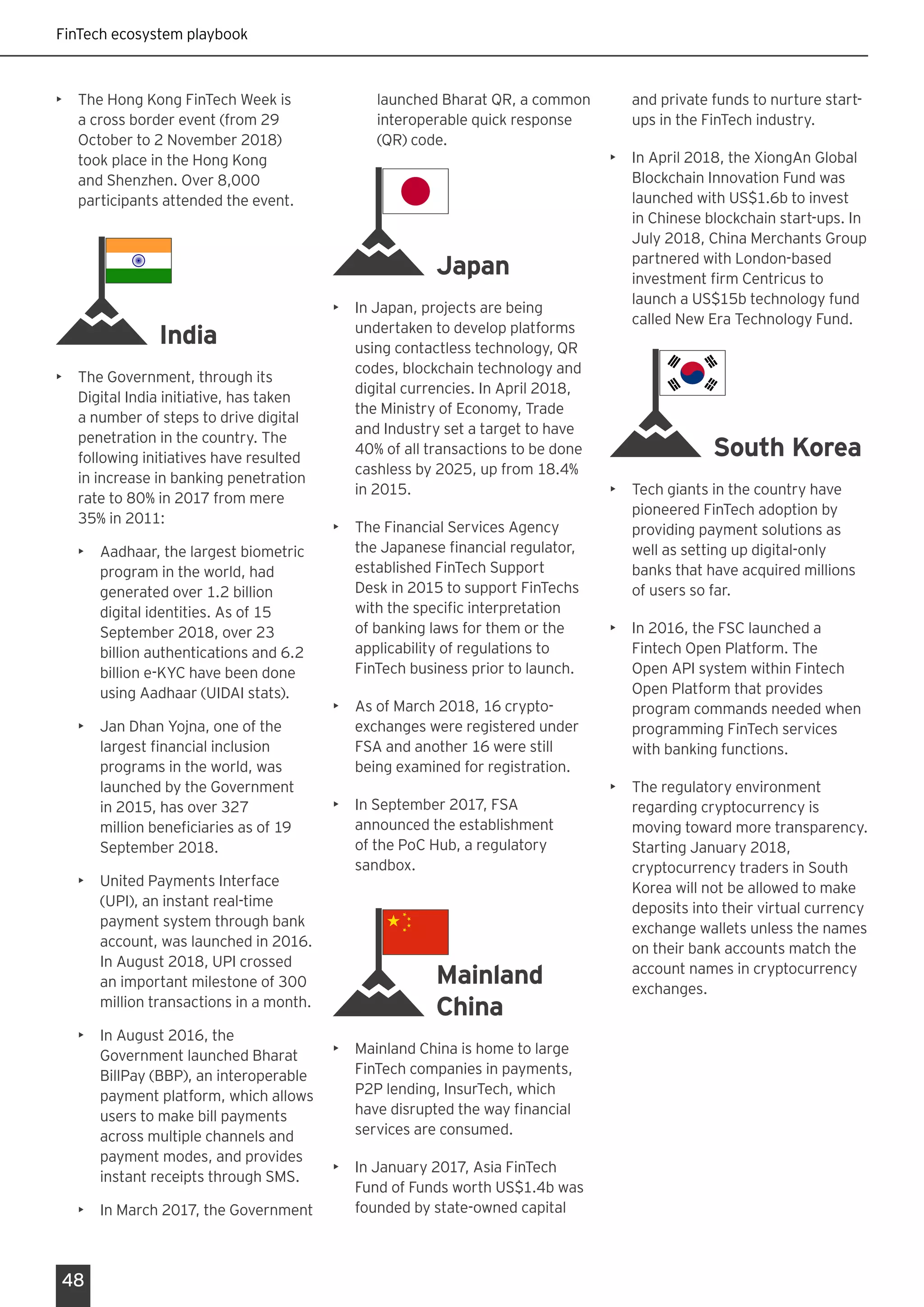 FinTech ecosystem playbook
48
•	 The Hong Kong FinTech Week is
a cross border event (from 29
October to 2 November 2018)
took place in the Hong Kong
and Shenzhen. Over 8,000
participants attended the event.
India
•	 The Government, through its
Digital India initiative, has taken
a number of steps to drive digital
penetration in the country. The
following initiatives have resulted
in increase in banking penetration
rate to 80% in 2017 from mere
35% in 2011:
•	 Aadhaar, the largest biometric
program in the world, had
generated over 1.2 billion
digital identities. As of 15
September 2018, over 23
billion authentications and 6.2
billion e-KYC have been done
using Aadhaar (UIDAI stats).
•	 Jan Dhan Yojna, one of the
largest financial inclusion
programs in the world, was
launched by the Government
in 2015, has over 327
million beneficiaries as of 19
September 2018.
•	 United Payments Interface
(UPI), an instant real-time
payment system through bank
account, was launched in 2016.
In August 2018, UPI crossed
an important milestone of 300
million transactions in a month.
•	 In August 2016, the
Government launched Bharat
BillPay (BBP), an interoperable
payment platform, which allows
users to make bill payments
across multiple channels and
payment modes, and provides
instant receipts through SMS.
•	 In March 2017, the Government
launched Bharat QR, a common
interoperable quick response
(QR) code.
Japan
•	 In Japan, projects are being
undertaken to develop platforms
using contactless technology, QR
codes, blockchain technology and
digital currencies. In April 2018,
the Ministry of Economy, Trade
and Industry set a target to have
40% of all transactions to be done
cashless by 2025, up from 18.4%
in 2015.
•	 The Financial Services Agency
the Japanese financial regulator,
established FinTech Support
Desk in 2015 to support FinTechs
with the specific interpretation
of banking laws for them or the
applicability of regulations to
FinTech business prior to launch.
•	 As of March 2018, 16 crypto-
exchanges were registered under
FSA and another 16 were still
being examined for registration.
•	 In September 2017, FSA
announced the establishment
of the PoC Hub, a regulatory
sandbox.
Mainland
China
•	 Mainland China is home to large
FinTech companies in payments,
P2P lending, InsurTech, which
have disrupted the way financial
services are consumed.
•	 In January 2017, Asia FinTech
Fund of Funds worth US$1.4b was
founded by state-owned capital
and private funds to nurture start-
ups in the FinTech industry.
•	 In April 2018, the XiongAn Global
Blockchain Innovation Fund was
launched with US$1.6b to invest
in Chinese blockchain start-ups. In
July 2018, China Merchants Group
partnered with London-based
investment firm Centricus to
launch a US$15b technology fund
called New Era Technology Fund.
South Korea
•	 Tech giants in the country have
pioneered FinTech adoption by
providing payment solutions as
well as setting up digital-only
banks that have acquired millions
of users so far.
•	 In 2016, the FSC launched a
Fintech Open Platform. The
Open API system within Fintech
Open Platform that provides
program commands needed when
programming FinTech services
with banking functions.
•	 The regulatory environment
regarding cryptocurrency is
moving toward more transparency.
Starting January 2018,
cryptocurrency traders in South
Korea will not be allowed to make
deposits into their virtual currency
exchange wallets unless the names
on their bank accounts match the
account names in cryptocurrency
exchanges.
 