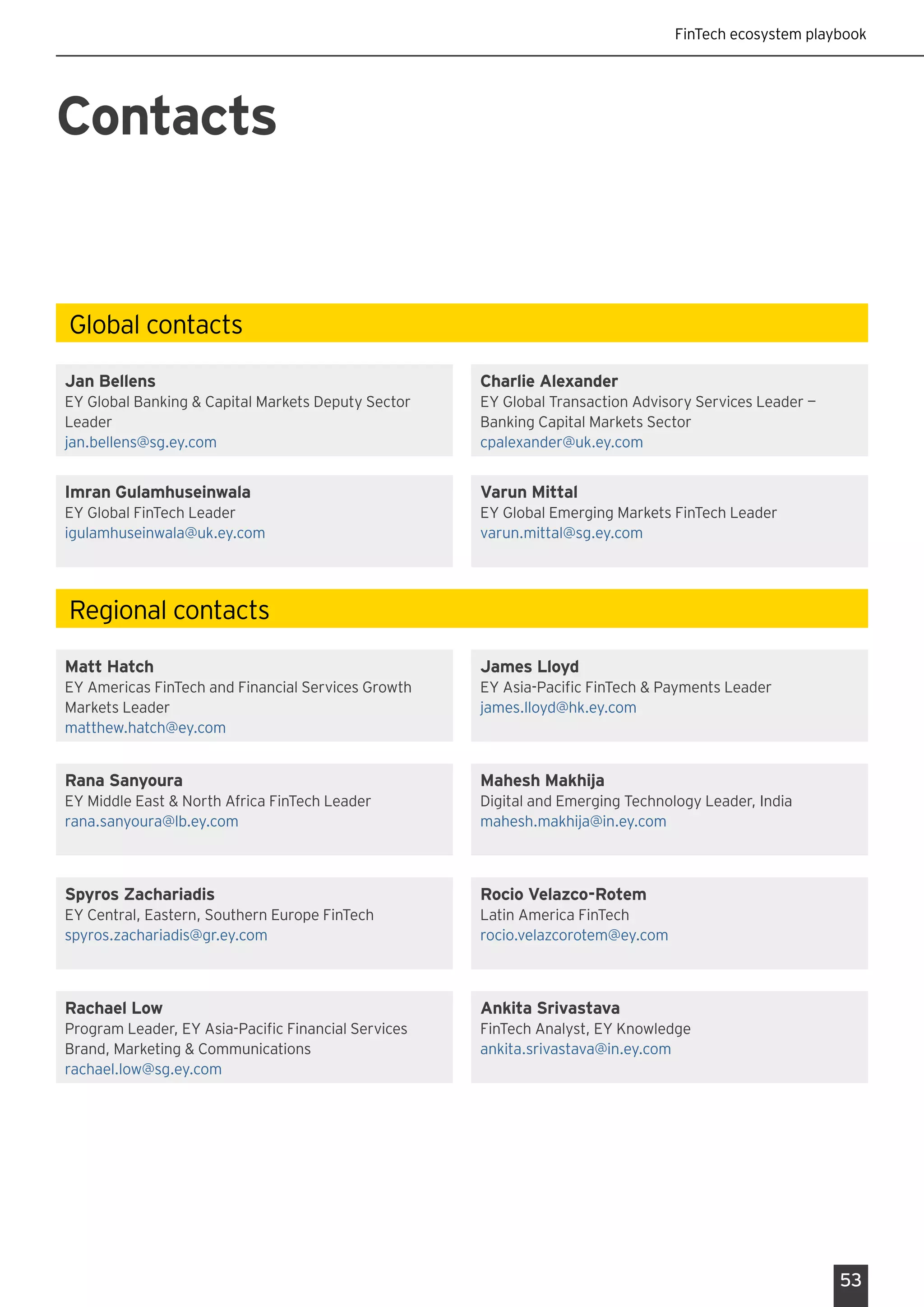 53
Contacts
Jan Bellens
EY Global Banking & Capital Markets Deputy Sector
Leader
jan.bellens@sg.ey.com
Imran Gulamhuseinwala
EY Global FinTech Leader
igulamhuseinwala@uk.ey.com
Charlie Alexander
EY Global Transaction Advisory Services Leader —
Banking Capital Markets Sector
cpalexander@uk.ey.com
Varun Mittal
EY Global Emerging Markets FinTech Leader
varun.mittal@sg.ey.com
Global contacts
Matt Hatch
EY Americas FinTech and Financial Services Growth
Markets Leader
matthew.hatch@ey.com
Spyros Zachariadis
EY Central, Eastern, Southern Europe FinTech
spyros.zachariadis@gr.ey.com
Rana Sanyoura
EY Middle East & North Africa FinTech Leader
rana.sanyoura@lb.ey.com
Rachael Low
Program Leader, EY Asia-Pacific Financial Services
Brand, Marketing & Communications
rachael.low@sg.ey.com
James Lloyd
EY Asia-Pacific FinTech & Payments Leader
james.lloyd@hk.ey.com
Rocio Velazco-Rotem
Latin America FinTech
rocio.velazcorotem@ey.com
Mahesh Makhija
Digital and Emerging Technology Leader, India
mahesh.makhija@in.ey.com
Ankita Srivastava
FinTech Analyst, EY Knowledge
ankita.srivastava@in.ey.com
Regional contacts
FinTech ecosystem playbook
 