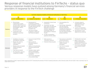 Response of financial institutions to FinTechs – status quo
Various response models have evolved among Germany’s financial services
providers in response to the FinTech challenge
Page 13
Collaboration
1
Support programs
2
In-house innovation
5
Investment
3
M&A
4
Features
 Partnerships,
cooperations or joint
ventures with FinTechs to
develop and/or apply new
technologies, launch
innovative
products/services
 Cooperation with
FinTechs to use their
products
 Development of
accelerator programs,
tech hackathons, support
through mentorship and
launch of FinTech
incubators etc.
 The focus of these
programs is mainly on
non-financial support
 In-house research,
implementation and
application of new
technologies
 Launch of proprietary
innovation centers/labs
 Development of own
digital service offering
Current response models of financial institutions in Germany
Rationale
 Avoidance of product
development expenses
 Bypass the need for
costly in-house
innovation
 Ready access to market-
tested innovative
products
 Fast time-to-market
 No integration costs (in
comparison to M&A)
 Access to broad FinTech
network
 Early access to
innovative ideas &
products
 Ability to set potentially
exclusive partnership
terms
 Flexible to tailor staff’s
level of involvement
according to resource
availability
 First-mover advantage
on successful ideas
 Strategically important
 Better control over
product development,
deployment of resources
 First-mover advantage
on successful product
ideas
Note: classification of banks’ response models is based on the EY ‘Unleashing the potential of FinTech in banking’ publication; unless otherwise stated, the word ‘banks’ refers to Germany’s top-10
largest banks by assets
 Full acquisition of a
FinTech
 Post-merger integration
into the acquiring
financial institution,
including the integration
of its product offering
into the acquiring bank’s
product portfolio
 Fast access to innovative
solutions/products
 Bypass the need for
costly in-house
innovation
 Fast time-to-market
 Exposure to
talent/innovative culture
 Investment of own funds
in FinTechs
 Investment can take
place either through own
dedicated investment
vehicles, independent
investment funds, or
participation in financial
rounds
 In case of acquisition,
typically minority stakes
 Early access to
innovative solutions
 Potential financial gains
 